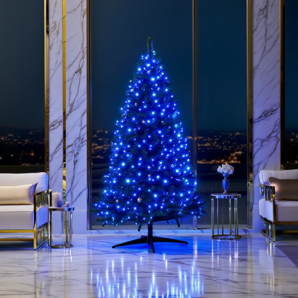 Новогодняя гирлянда комнатная роса Хвойная лапа 50 м 1500 LED белый провод Синее сияние D1500L50MWBL