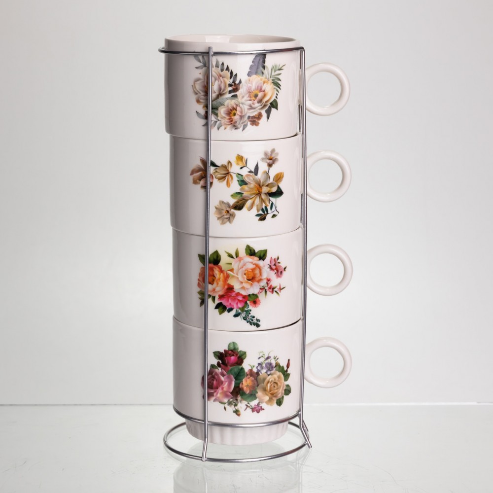Набор чашек для чая и кофе на металлической подставке Flower 4 (шт) по 300 (мл) подарочный набор фарфоровых чашек FM-7