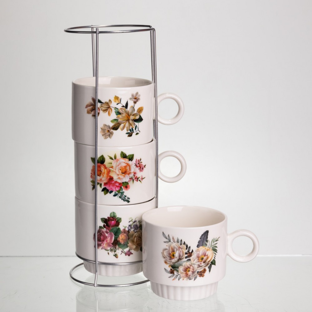 Набор чашек для чая и кофе на металлической подставке Flower 4 (шт) по 300 (мл) подарочный набор фарфоровых чашек FM-7