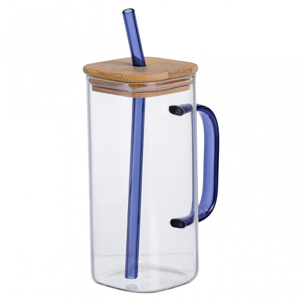 Чашка стеклянная 400 мл с бамбуковой крышкой и синей трубочкой HP-19-146BL