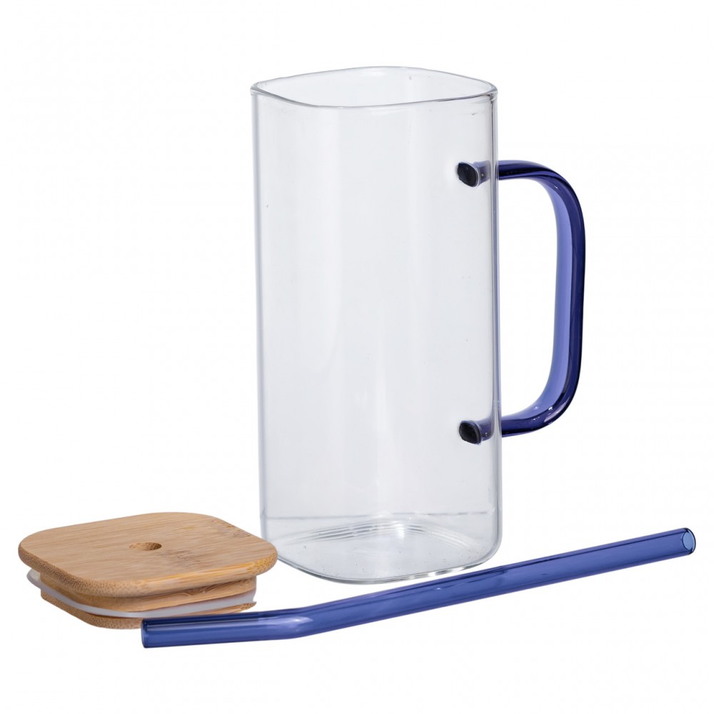 Чашка стеклянная 400 мл с бамбуковой крышкой и синей трубочкой HP-19-146BL