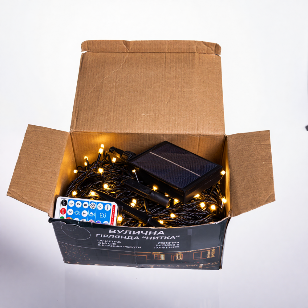Новорічна гірлянда вулична 100 м 1000 LED із сонячною батареєю 8 режимів роботи чорний провід Жовте світло SB1000L100MBY