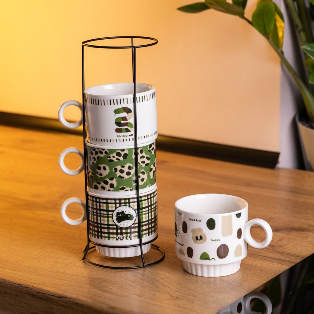 Набор чашек для чая и кофе на металлической подставке Lucky 4 (шт) по 300 (мл) подарочный набор фарфоровых чашек FM-16