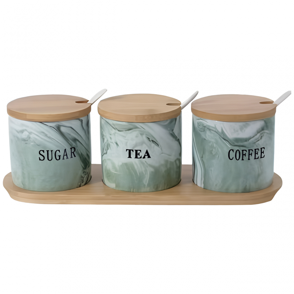 Набор керамических банок для сыпучих на подставке (3 шт.) Зеленый мрамор SCT-661
