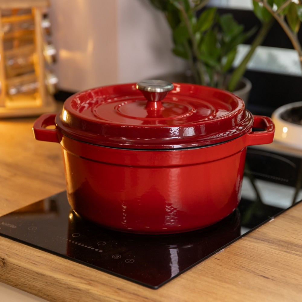 Кастрюля чугунная 4.5 л эмалированная с крышкой посуда для тушения запекания томления кухонная Красная HP-1-19-RED