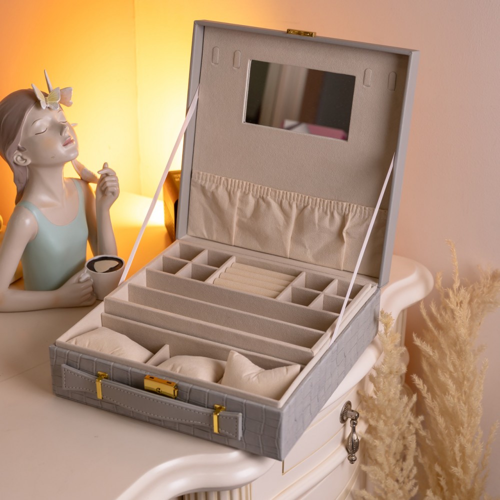 Шкатулка для украшений из эко кожи 2 яруса Серый HP-5-35G