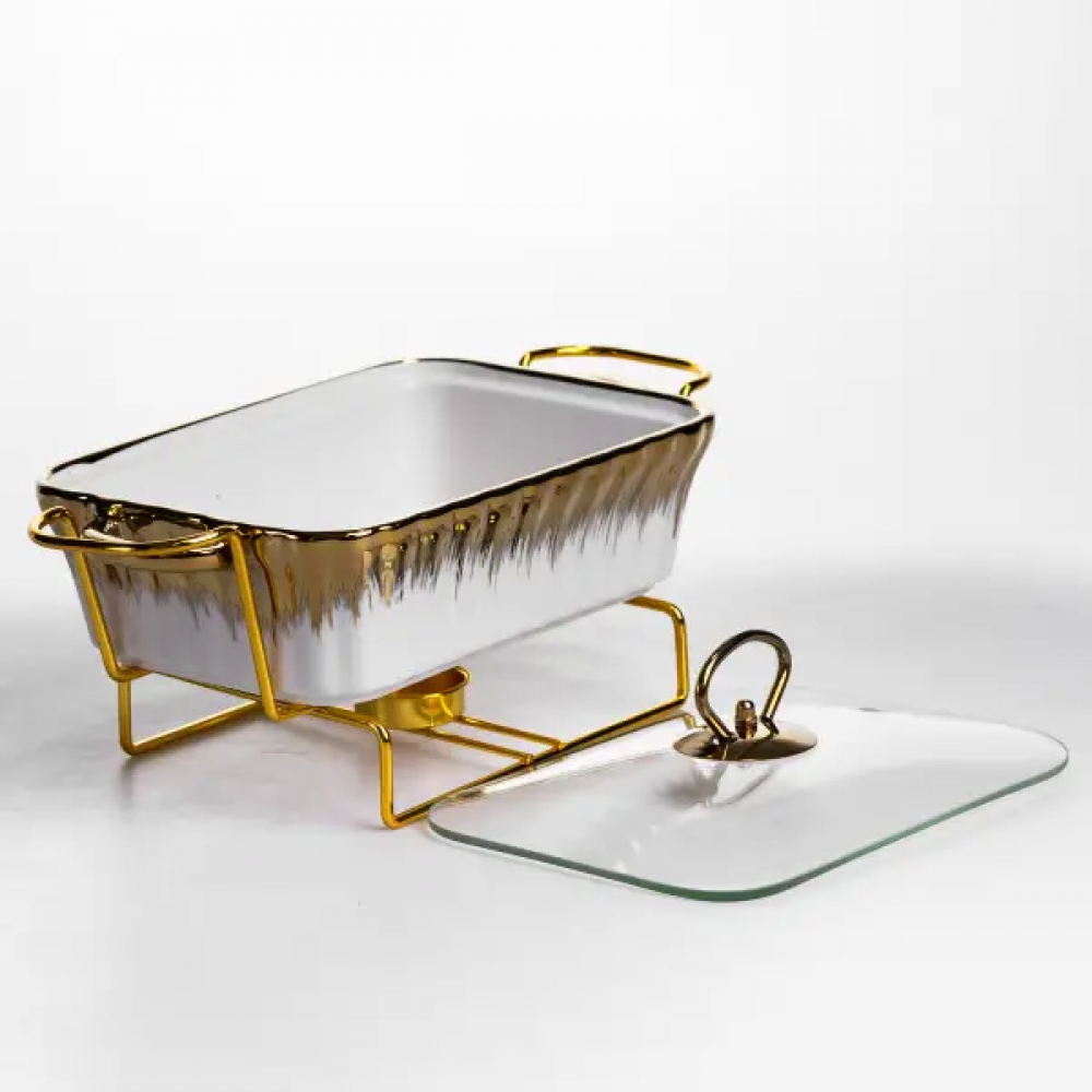 Мармитница фарфоровая 1 л прямоугольная со стеклянной крышкой 31х16х11 см ML525-11