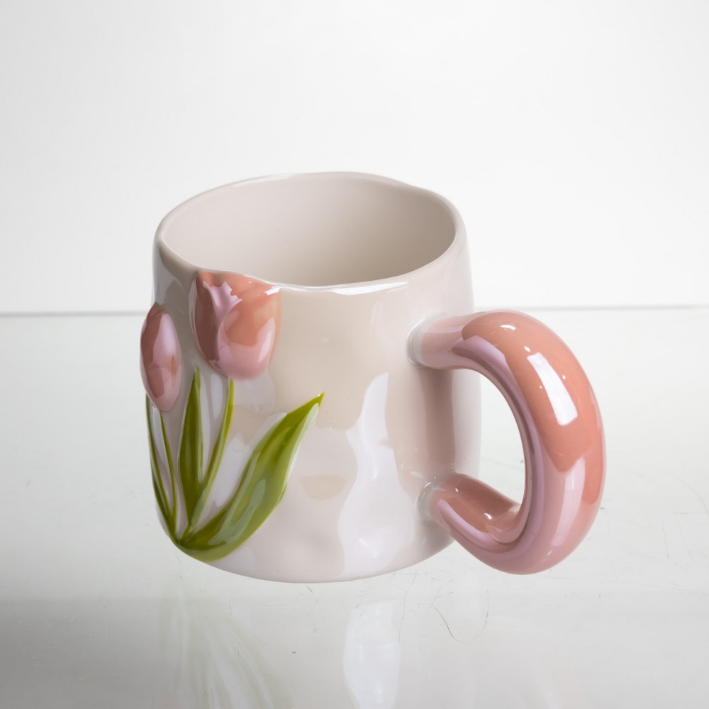 Новогодняя фарфоровая чашка для чая и кофе "Нежный Тюльпан" с 3D декором 400 мл, праздничная кружка чашка на подарок Розовый FM-40A