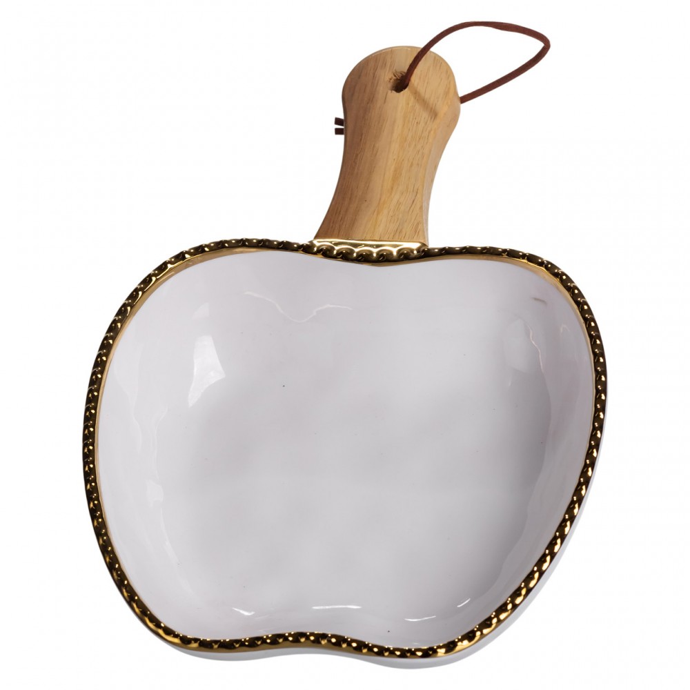 Тарелка фарфоровая глубокая с ручкой Яблоко 23×16×4 (см) блюдо сервировочное с ручкой для подачи тарелка сковорода Золото ZJH-14-1