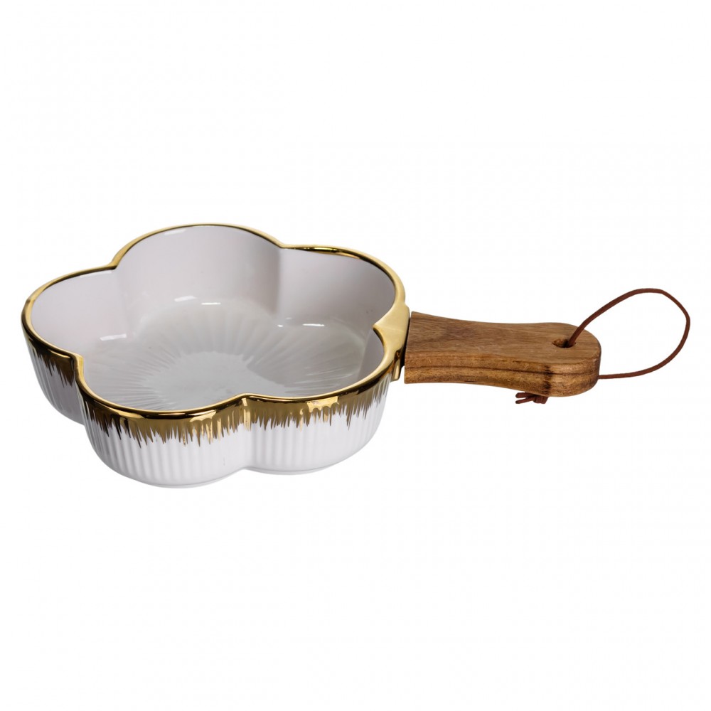 Тарелка фарфоровая глубокая с ручкой Цветок 24×16×4 (см) блюдо сервировочное с ручкой для подачи тарелка сковорода Золото ZJH-13-1