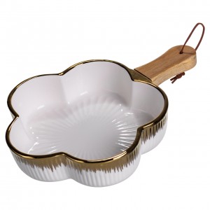 Тарілка порцелянова глибока з ручкою Квітка 27×20×5 (см) блюдо сервірувальне з ручкою для подачі тарілка сковорода Золото ZJH-13-2