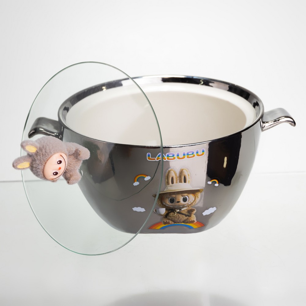 Бульонница фарфоровая Labubu с крышкой и ручками 800 (мл) Ø15 (см) детская тарелка для супа и лапши Серебристый с коричневым FM-34B