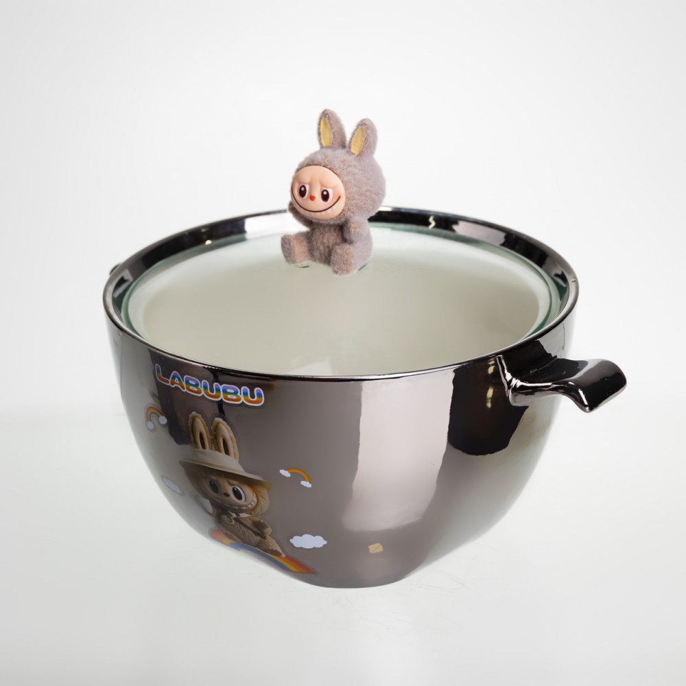 Бульонница фарфоровая Labubu с крышкой и ручками 800 (мл) Ø15 (см) детская тарелка для супа и лапши Серебристый с коричневым FM-34B