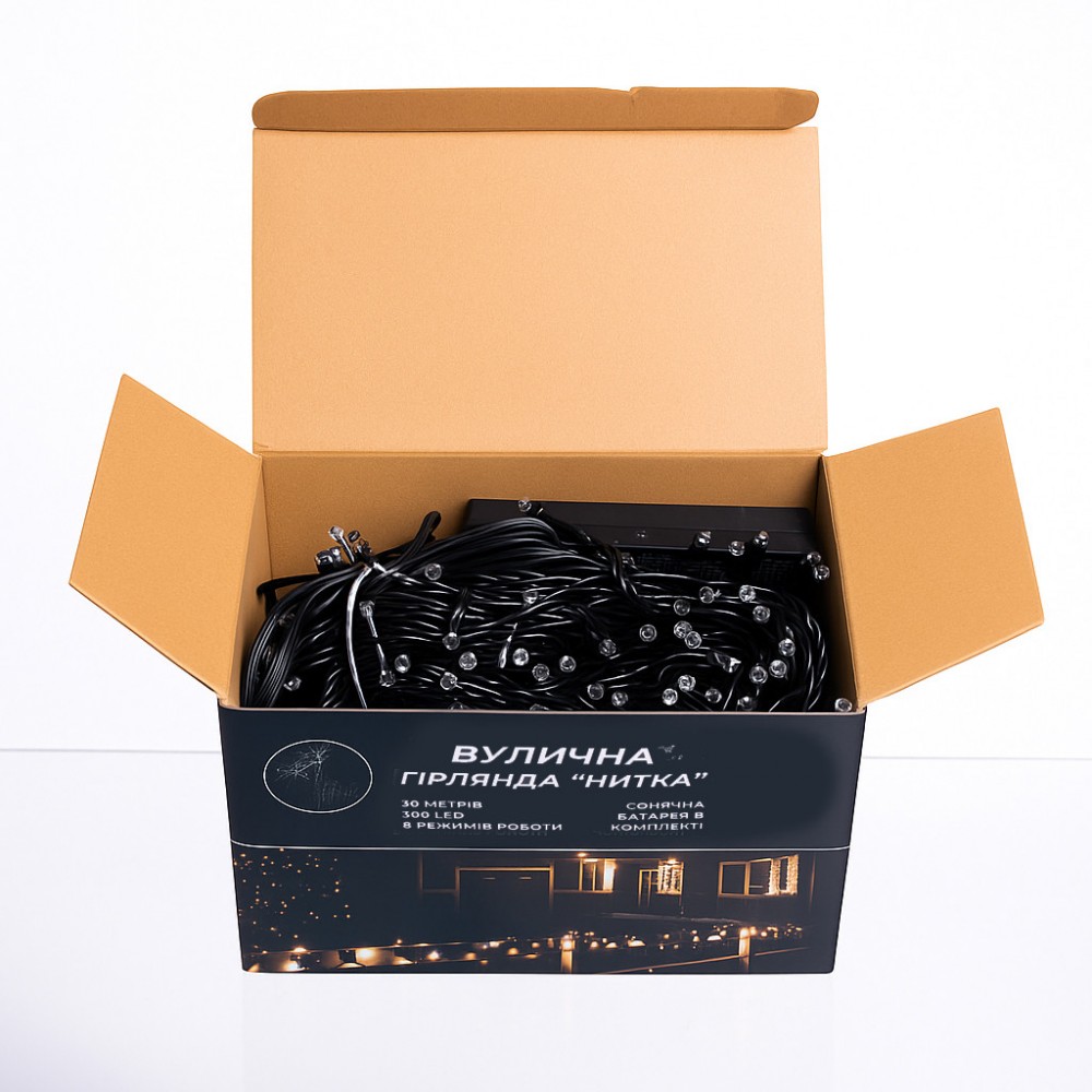 Новогодняя гирлянда уличная 30 м 300 LED с солнечной батареей черный провод Мультиколор SB300L30MBML