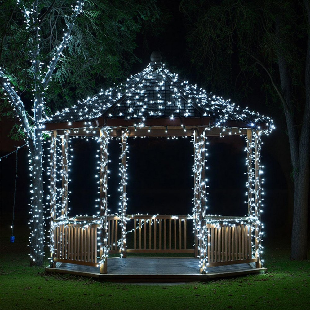 Новорічна гірлянда вулична 100 м 1000 LED із сонячною батареєю 8 режимів роботи чорний провід Біле світло SB1000L100MBW