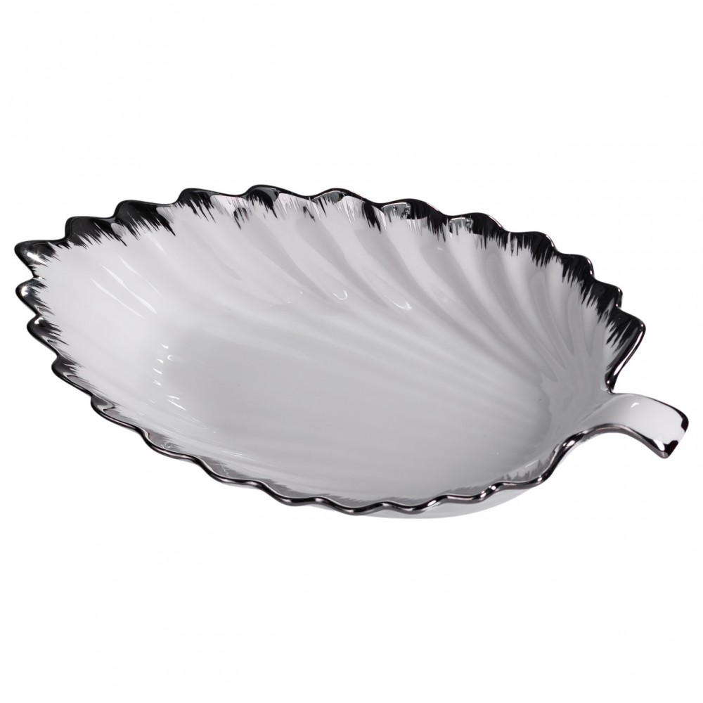 Порцелянове блюдо для сервірування столу у формі листа 41×20×6,5 (см) Біле зі сріблом 2551-1S
