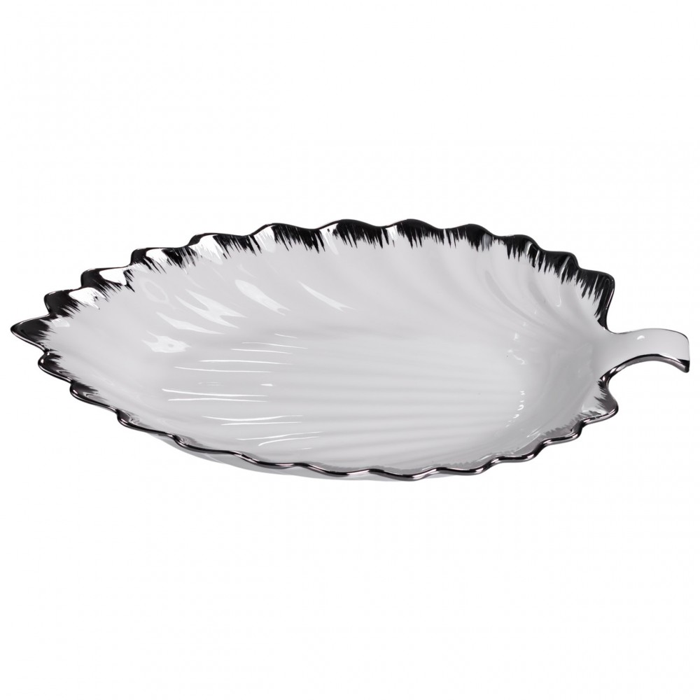 Порцелянове блюдо для сервірування столу у формі листа 41×20×6,5 (см) Біле зі сріблом 2551-1S