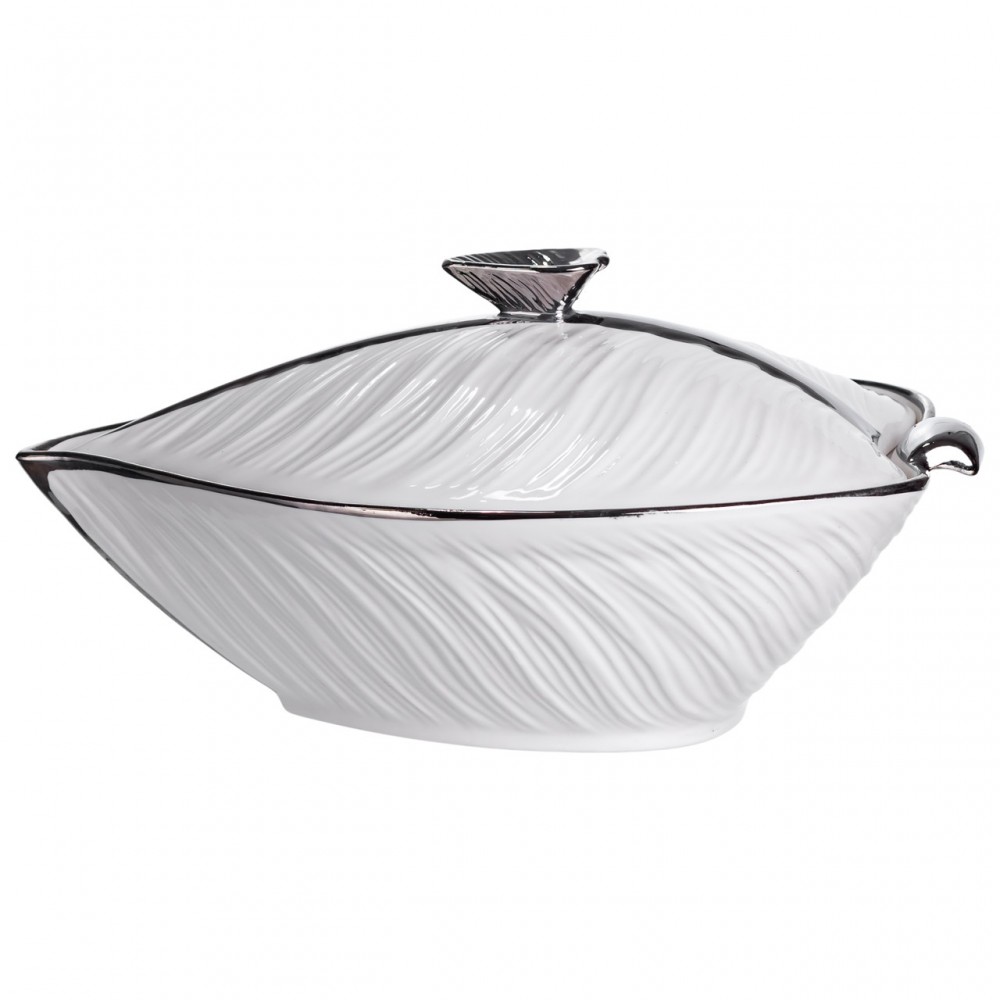 Супница 800 (мл) фарфоровая 26×18×14 (см) с крышкой Белый с серебром XL-4074AS