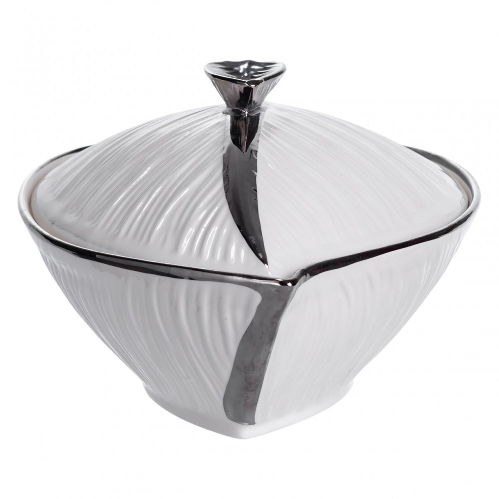 Супница 800 (мл) фарфоровая 26×18×14 (см) с крышкой Белый с серебром XL-4074AS