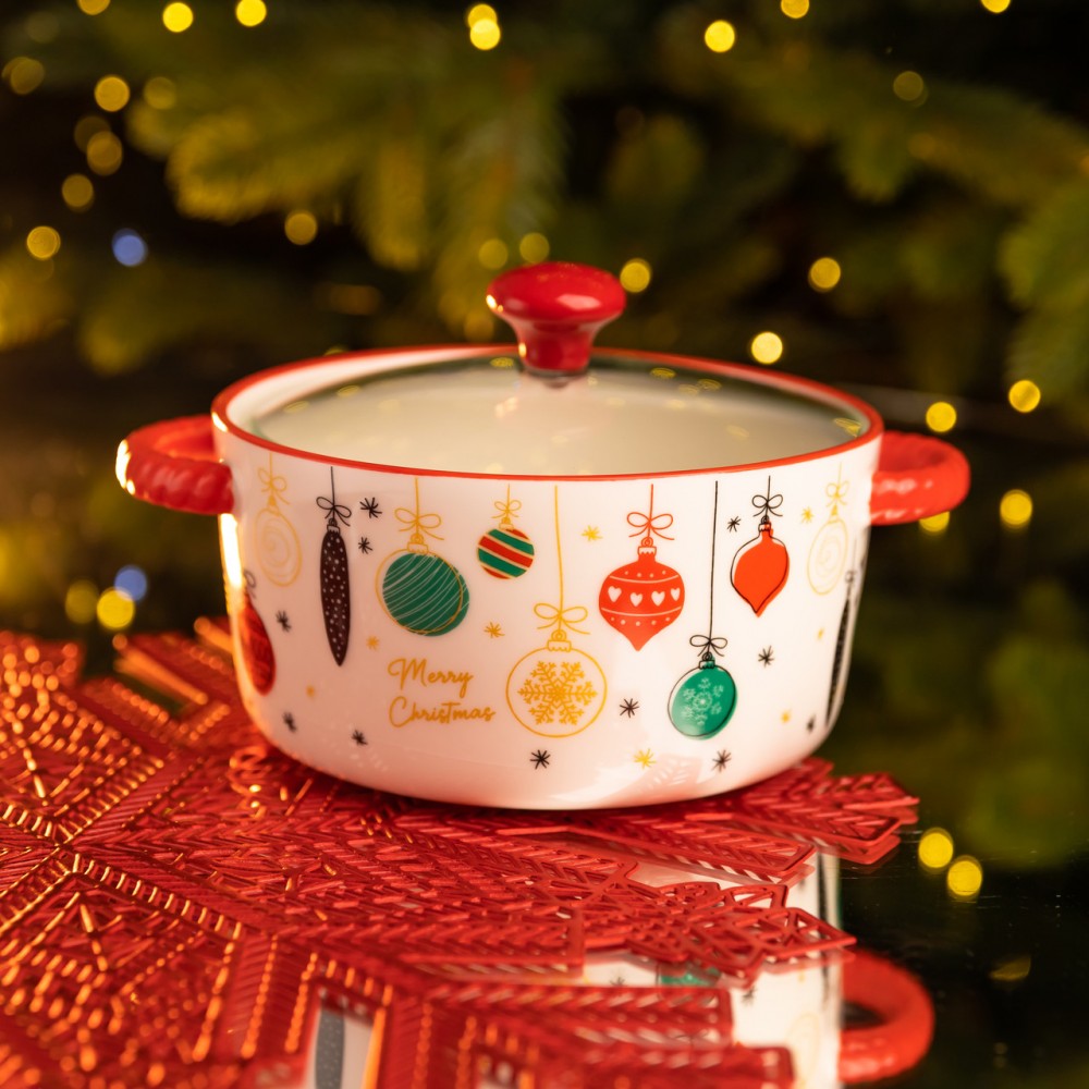 Супниця порцелянова Merry Christmas новорічна 800 (мл) з кришкою Yiwu FM-CS-9B