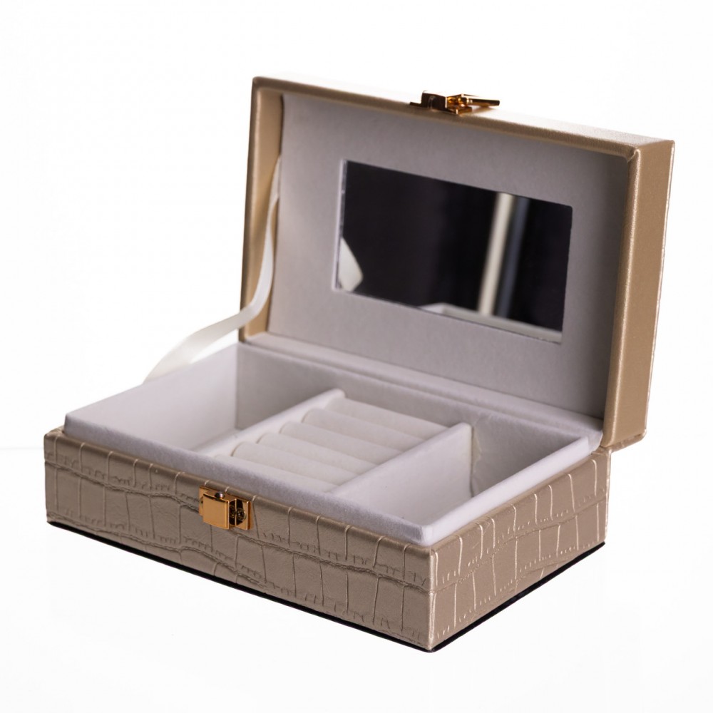 Шкатулка для украшений из эко кожи 3 отделения с зеркалом 16×10×6 см Золотистый HP-5-18GOLD
