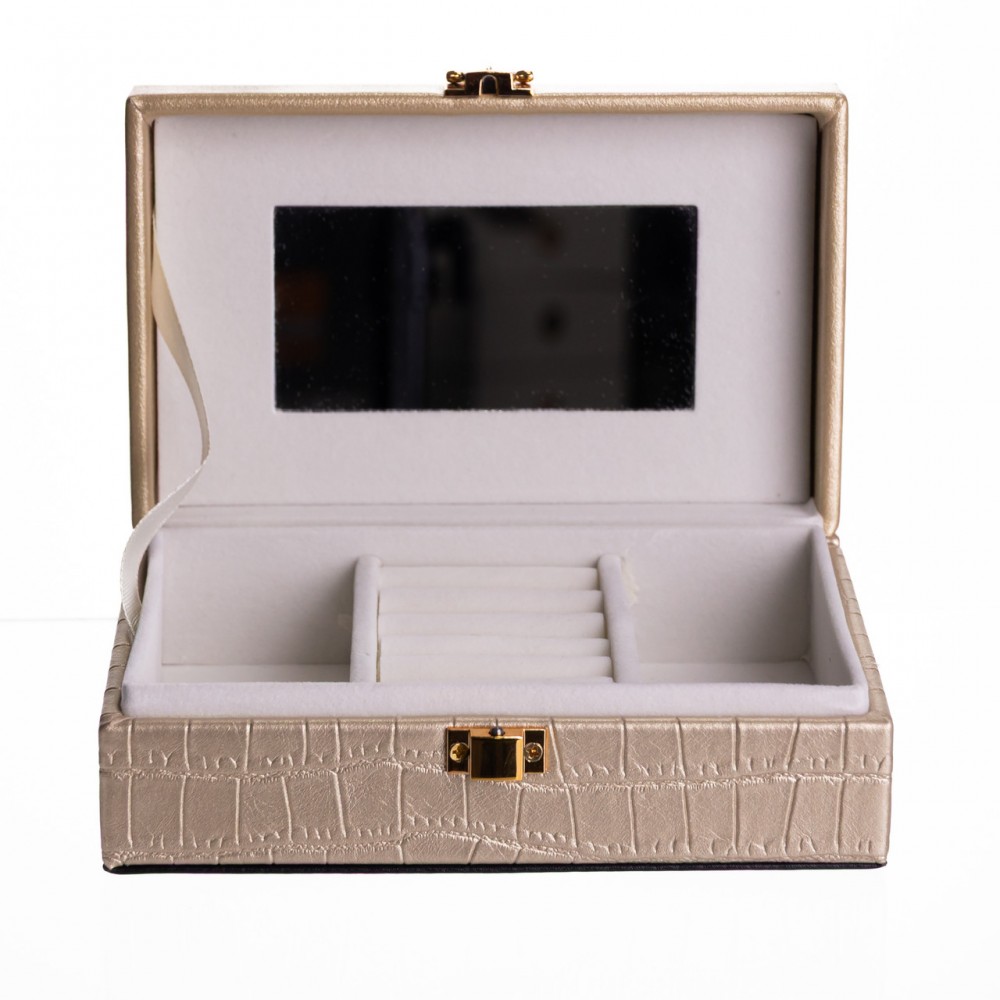 Шкатулка для украшений из эко кожи 3 отделения с зеркалом 16×10×6 см Золотистый HP-5-18GOLD