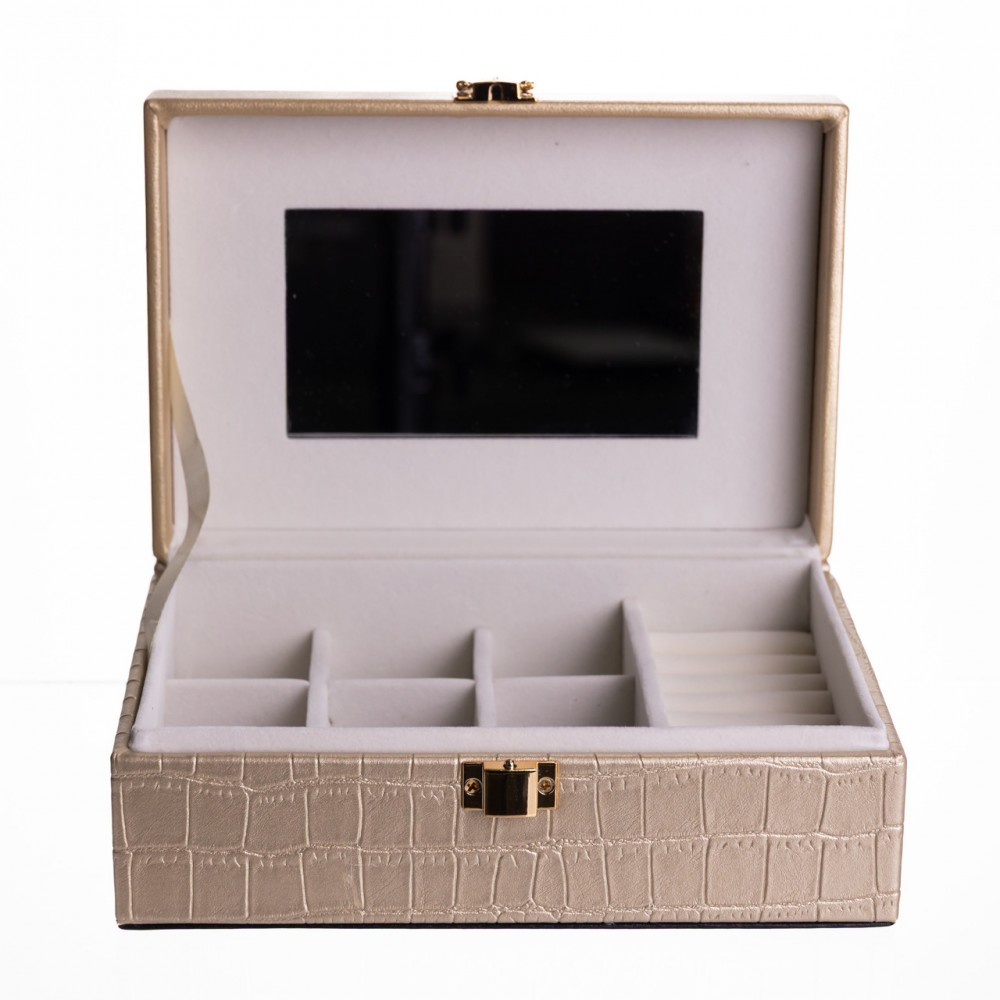Шкатулка для украшений из эко кожи 10 отделений с зеркалом 20×14×8 см Золотистый HP-5-19GOLD