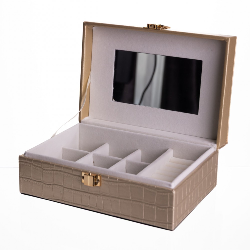 Шкатулка для украшений из эко кожи 10 отделений с зеркалом 20×14×8 см Золотистый HP-5-19GOLD