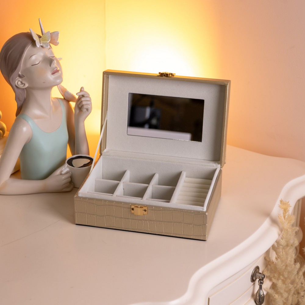 Шкатулка для украшений из эко кожи 10 отделений с зеркалом 20×14×8 см Золотистый HP-5-19GOLD
