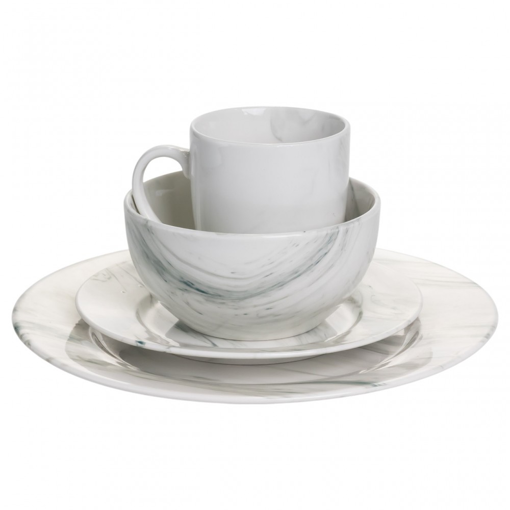 Столовый набор посуды тарелок и чашек 16 предметов на 4 персоны Marmor фарфоровый, обеденный столовый сервиз тарелок MD-16-2G