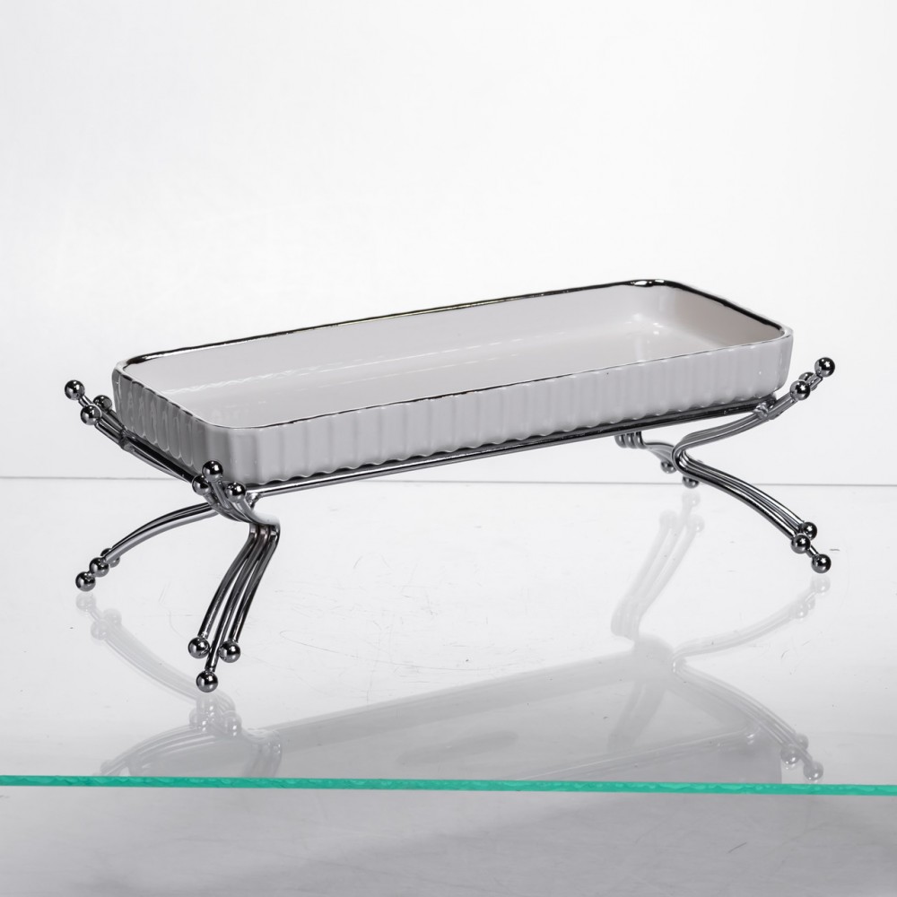 Фарфоровое блюдо для сервировки на металлической подставке 37×18×5 (см) блюдо для подачи закусок Белый с серебром LB-1566S