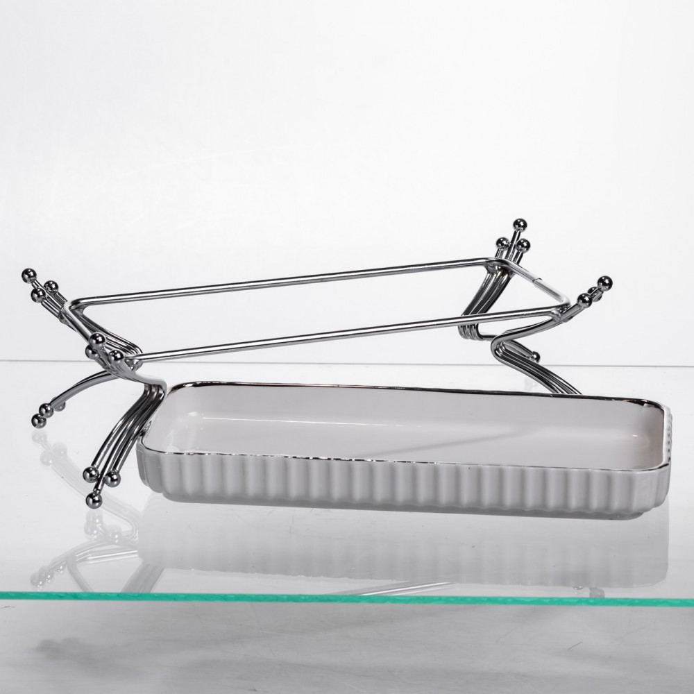 Фарфоровое блюдо для сервировки на металлической подставке 37×18×5 (см) блюдо для подачи закусок Белый с серебром LB-1566S