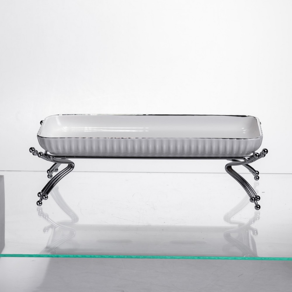 Порцелянове блюдо для сервірування на металевій підставці 29,5×12×9 (см) Біле зі сріблом LB-1565S