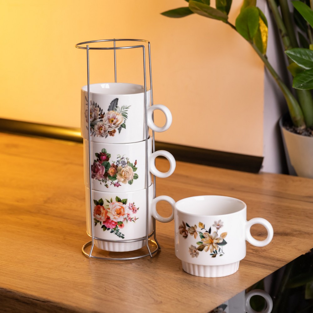 Набор чашек для чая и кофе на металлической подставке Flower 4 (шт) по 300 (мл) подарочный набор фарфоровых чашек FM-7
