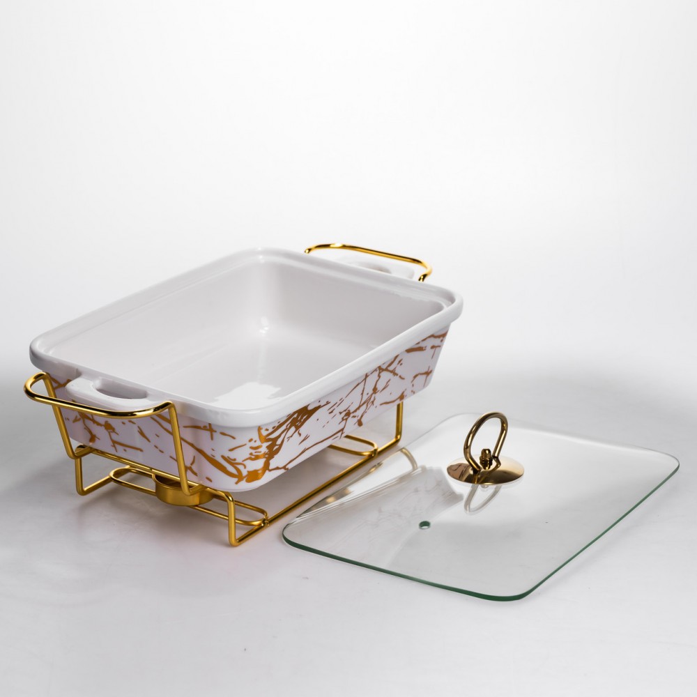 Мармитница фарфоровая прямоугольная на металлической подставке 35.5х19х15.5 см LT-3PCS-13