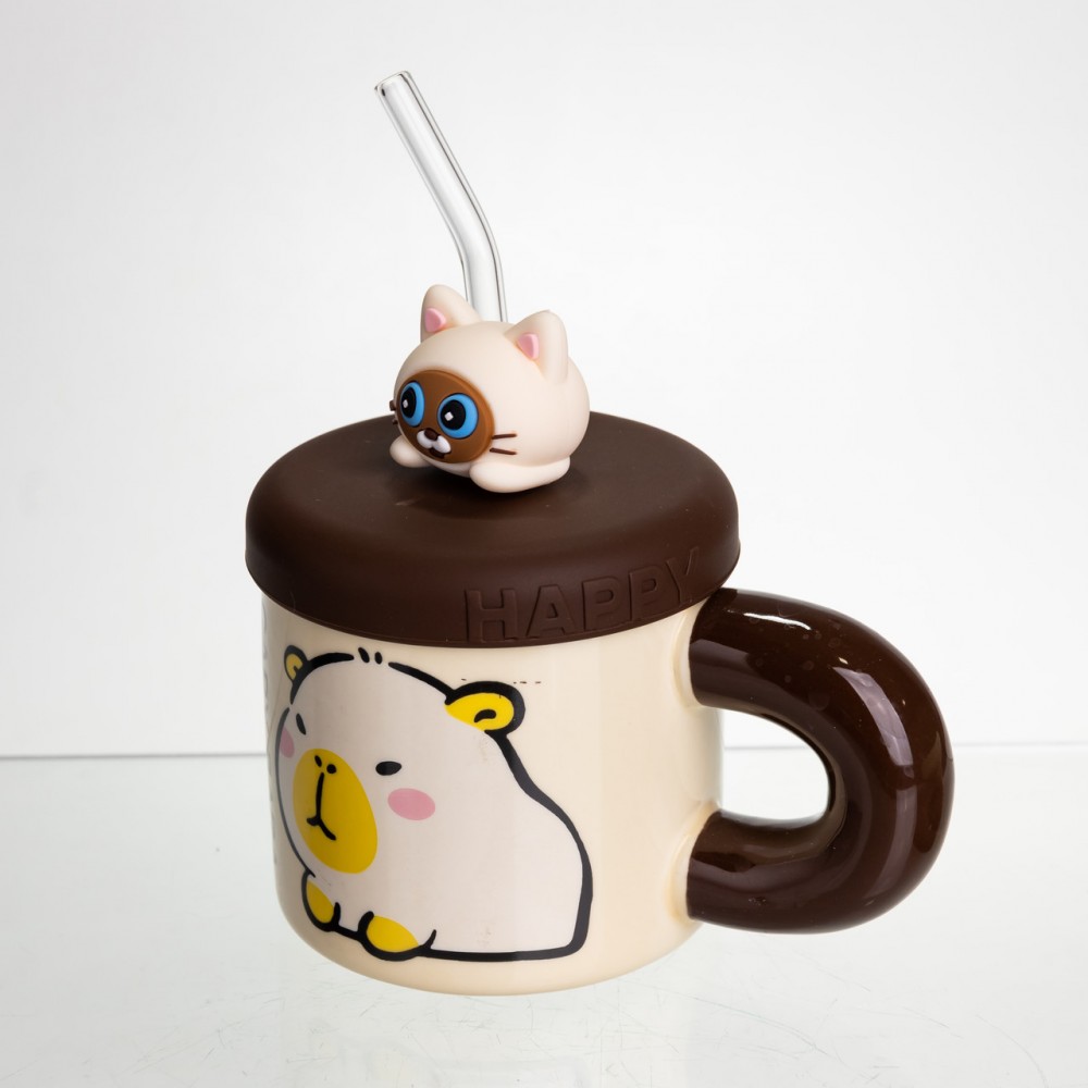 Чашка порцелянова з кришкою і трубочкою Капібара з котиком 400 мл FM-27A