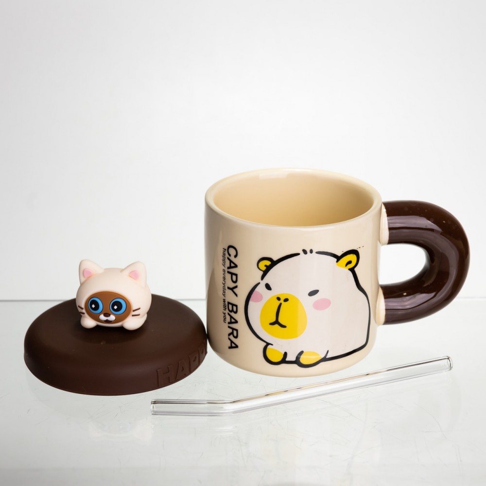 Чашка порцелянова з кришкою і трубочкою Капібара з котиком 400 мл FM-27A