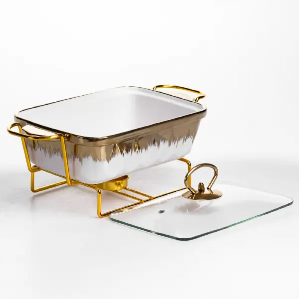 Мармитница фарфоровая 1 л прямоугольная на металлической подставке 31х16х11 см ML789-11