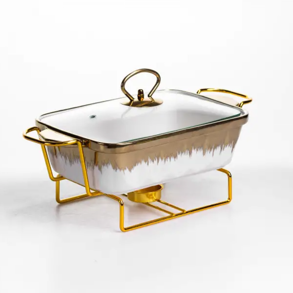 Мармитница фарфоровая 1 л прямоугольная на металлической подставке 31х16х11 см ML789-11