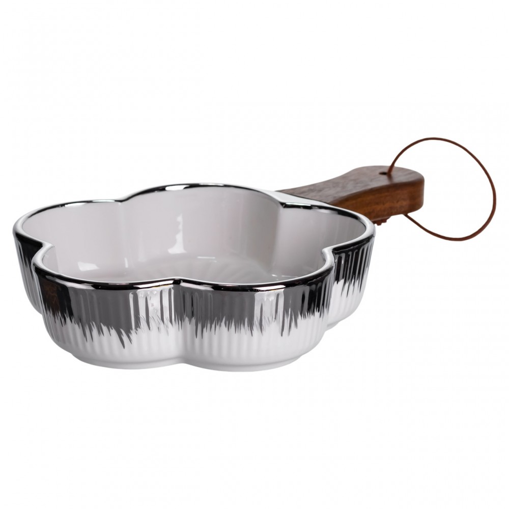 Тарелка фарфоровая глубокая с ручкой Цветок 24×16×4 (см) блюдо сервировочное с ручкой для подачи тарелка сковорода Серебро ZJH-13-3