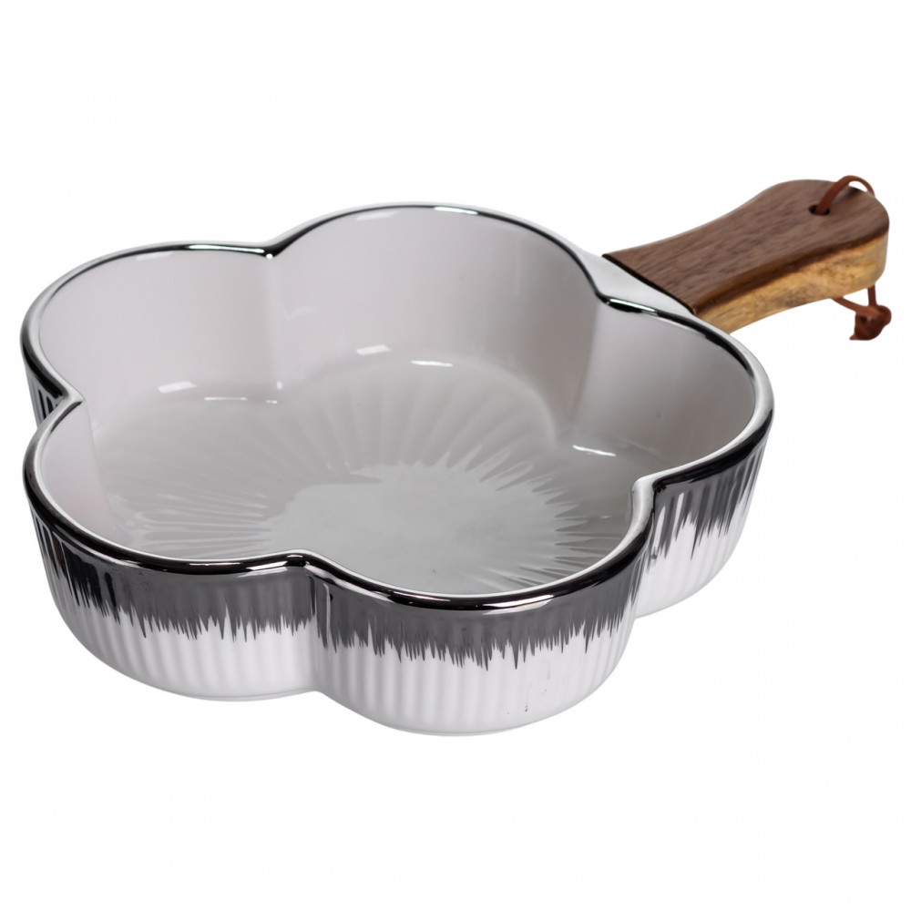 Тарелка фарфоровая глубокая с ручкой Цветок 27×20×5 (см) блюдо сервировочное с ручкой для подачи тарелка сковорода Серебро ZJH-13-4