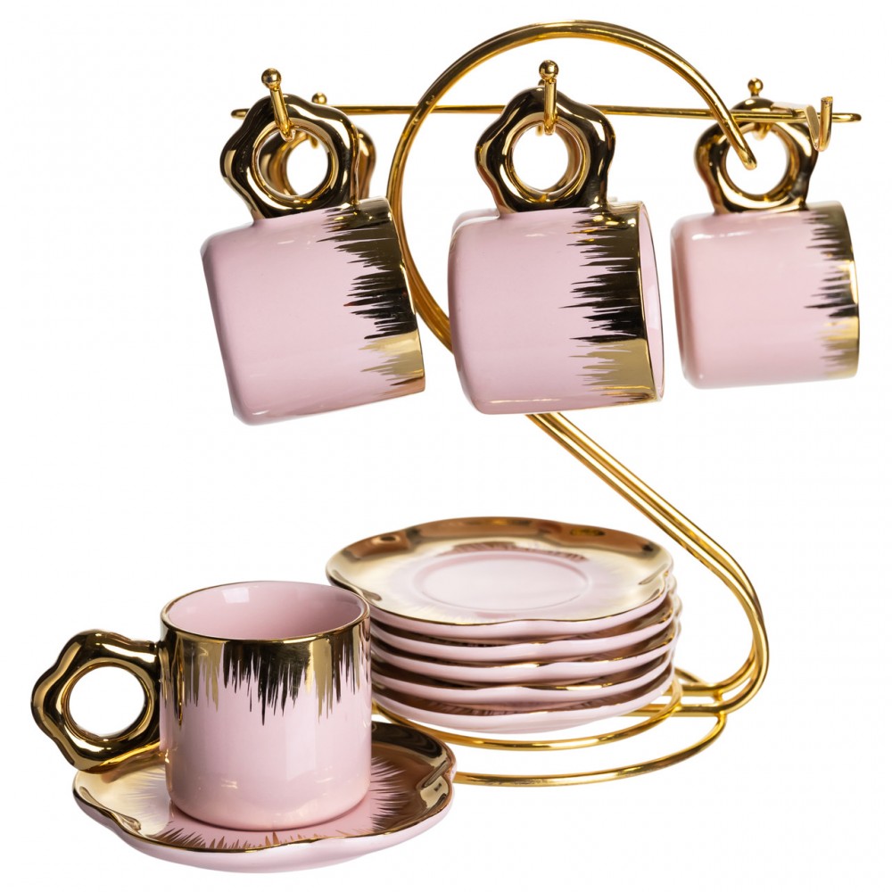 Набор чашек для кофе на металлической подставке 6 (шт) по 100 (мл) подарочный кофейный сервиз набор чашек Розовый с золотом FM-48