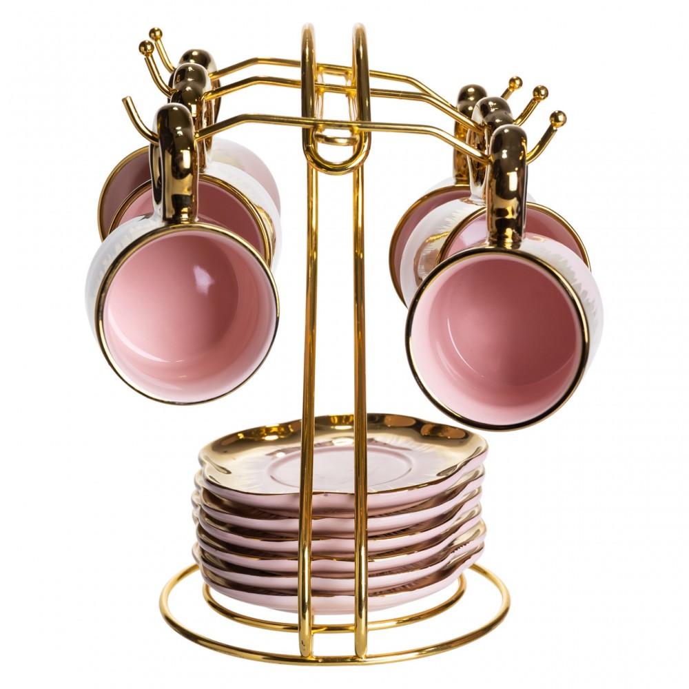 Набор чашек для кофе на металлической подставке 6 (шт) по 100 (мл) подарочный кофейный сервиз набор чашек Розовый с золотом FM-48