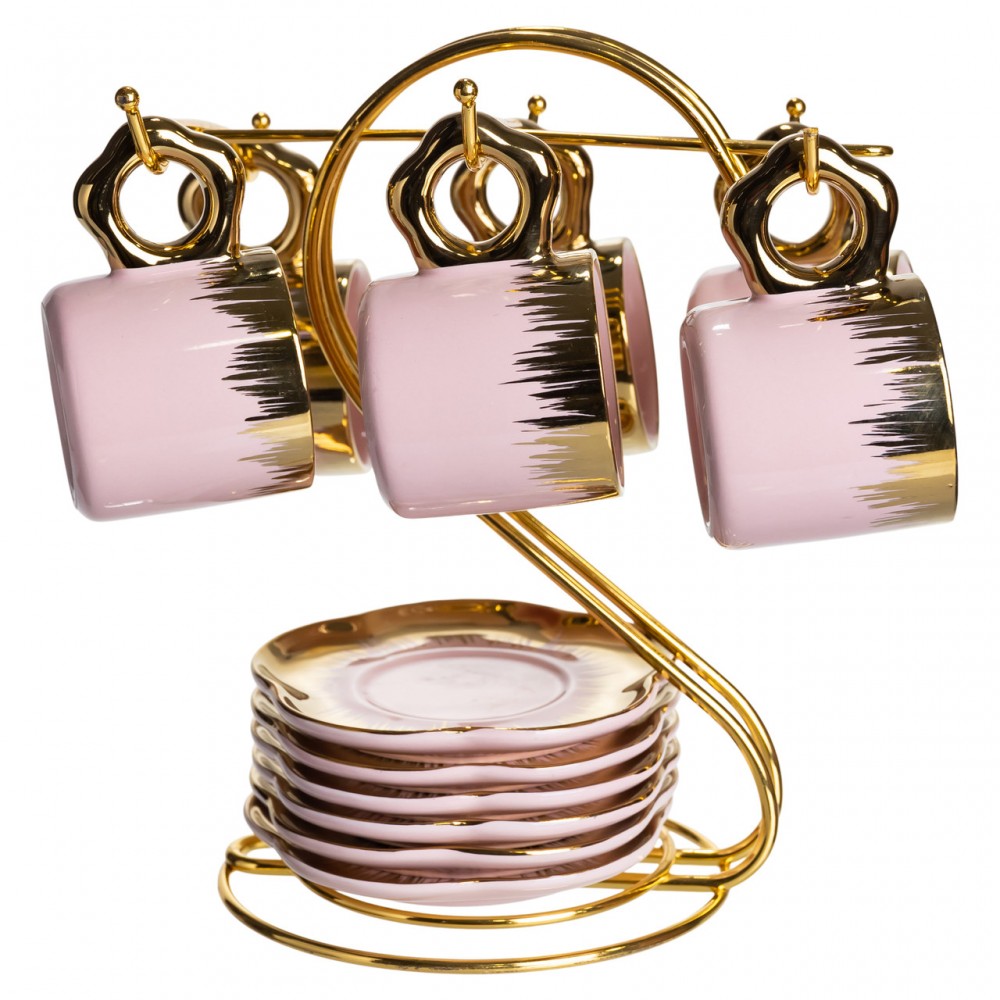 Набор чашек для кофе на металлической подставке 6 (шт) по 100 (мл) подарочный кофейный сервиз набор чашек Розовый с золотом FM-48