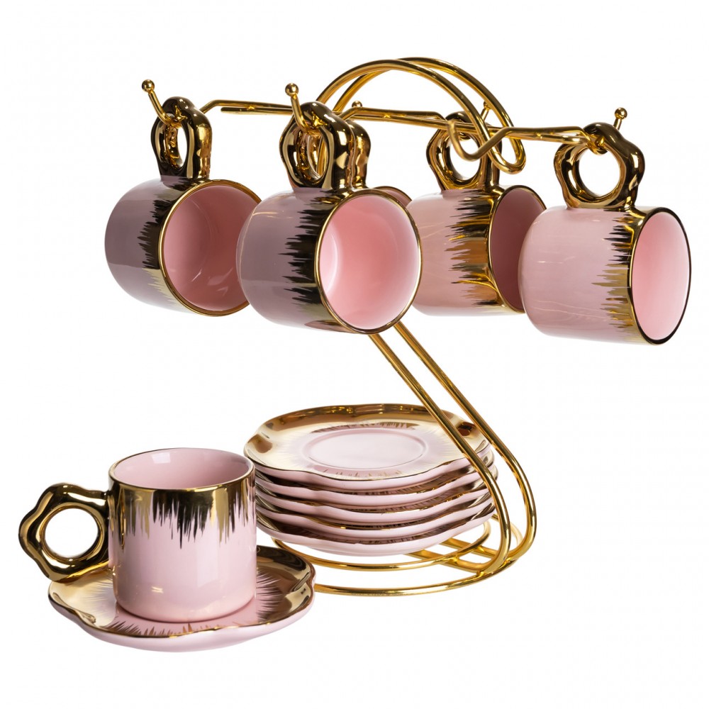 Набор чашек для кофе на металлической подставке 6 (шт) по 100 (мл) подарочный кофейный сервиз набор чашек Розовый с золотом FM-48