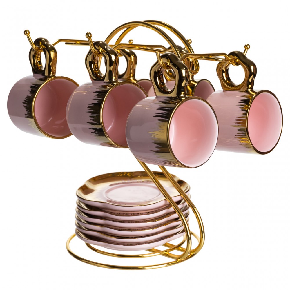 Набор чашек для кофе на металлической подставке 6 (шт) по 100 (мл) подарочный кофейный сервиз набор чашек Розовый с золотом FM-48
