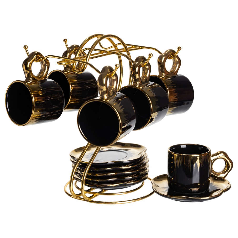 Набор чашек для кофе на металлической подставке 6 (шт) по 100 (мл) Черный с золотом FM-47