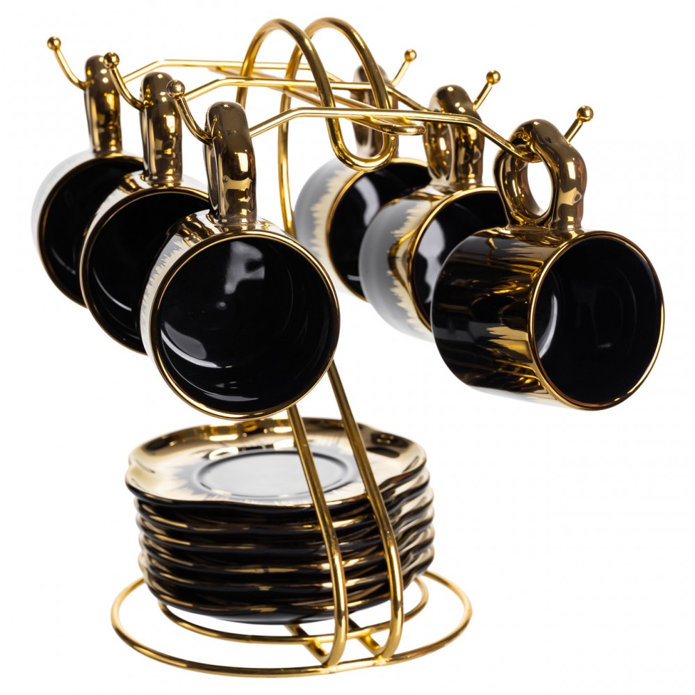 Набор чашек для кофе на металлической подставке 6 (шт) по 100 (мл) Черный с золотом FM-47