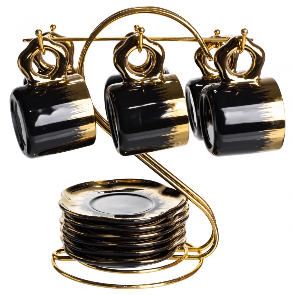 Набор чашек для кофе на металлической подставке 6 (шт) по 100 (мл) Черный с золотом FM-47