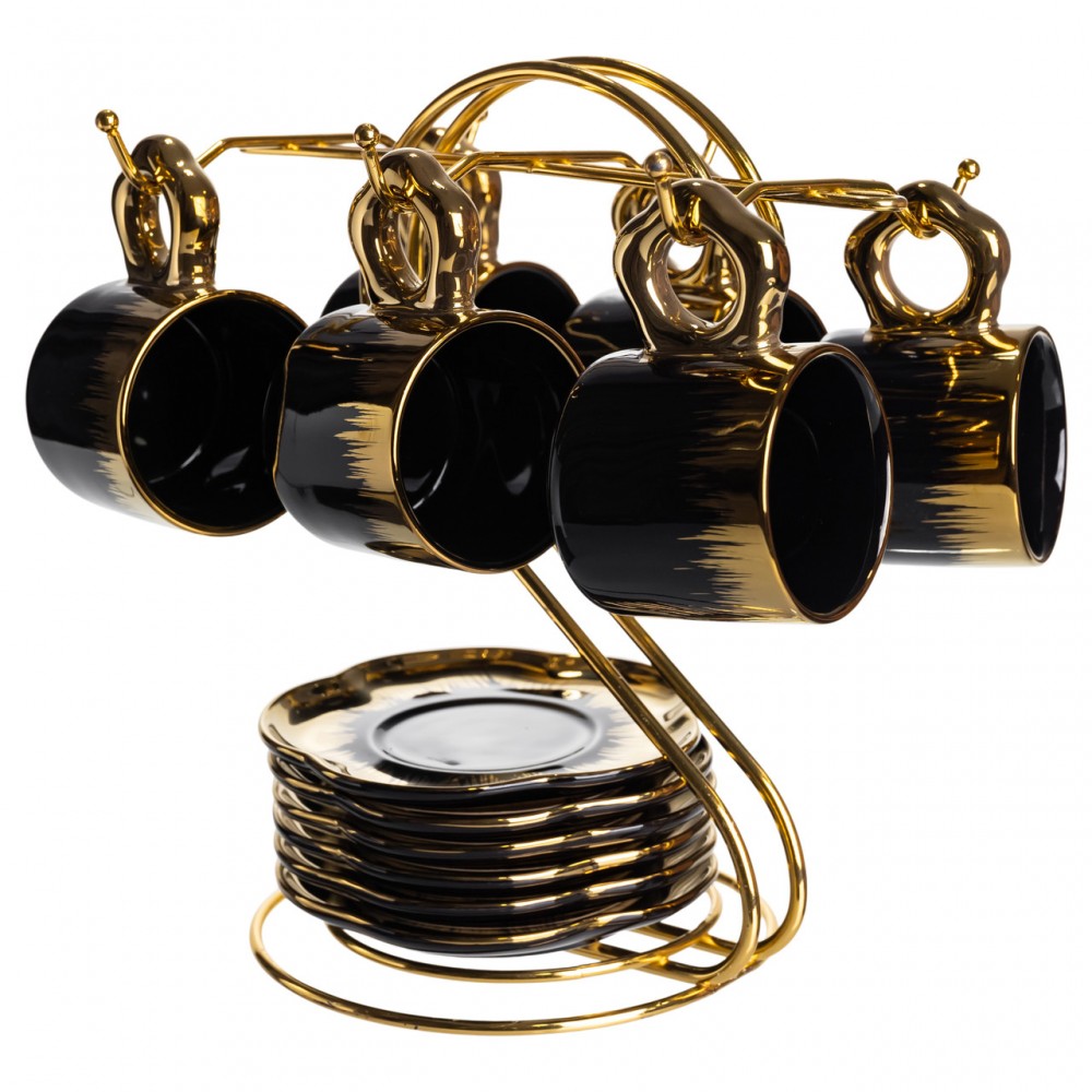 Набор чашек для кофе на металлической подставке 6 (шт) по 100 (мл) Черный с золотом FM-47
